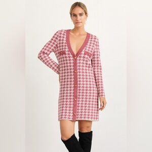 FIGARO Pink White Houndstooth Cardigan Dress Size 3 Long Sleeve Made in Greece